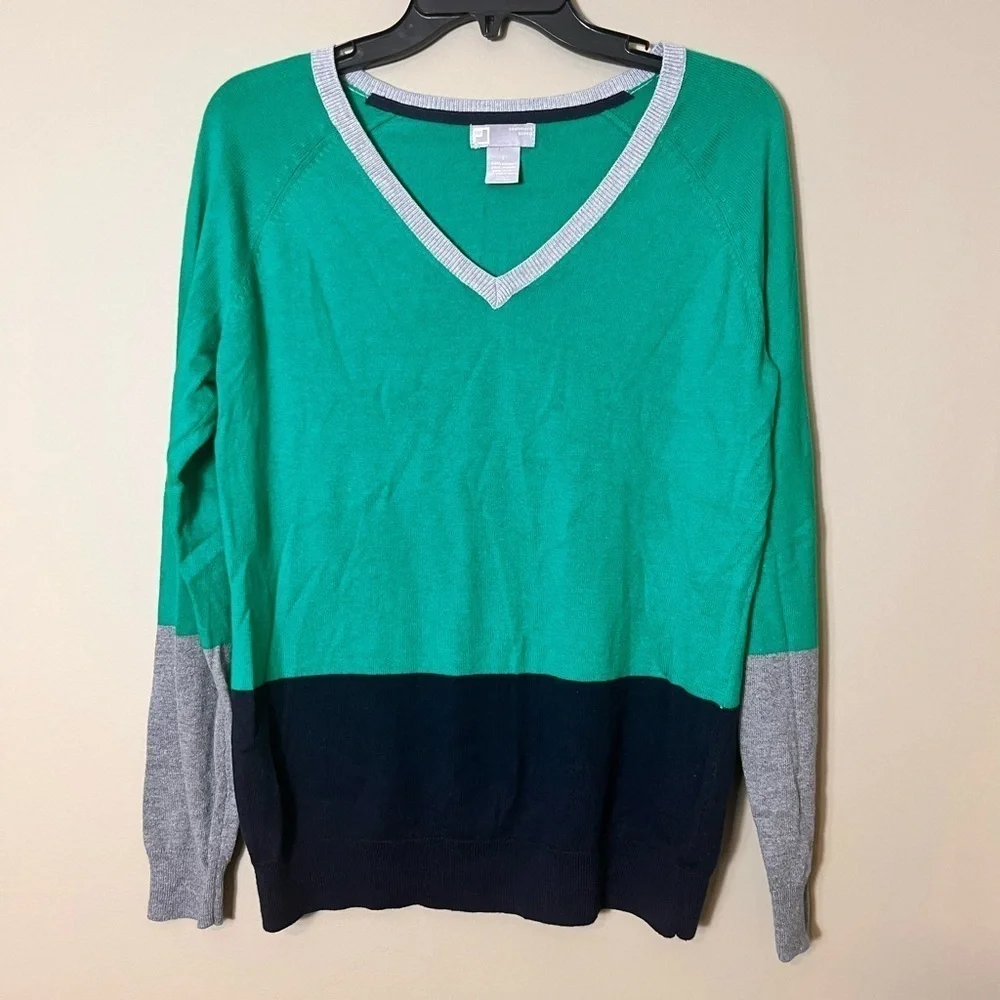 Vintage jcp Cashmere‎ Blend Color Block V Neck Sweater Large Preppy Academia Y2K